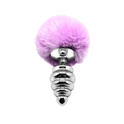 Ребриста металева анальна пробка з кролячим хвостиком Alive Fluffy Twist Plug L Purple, 6 см