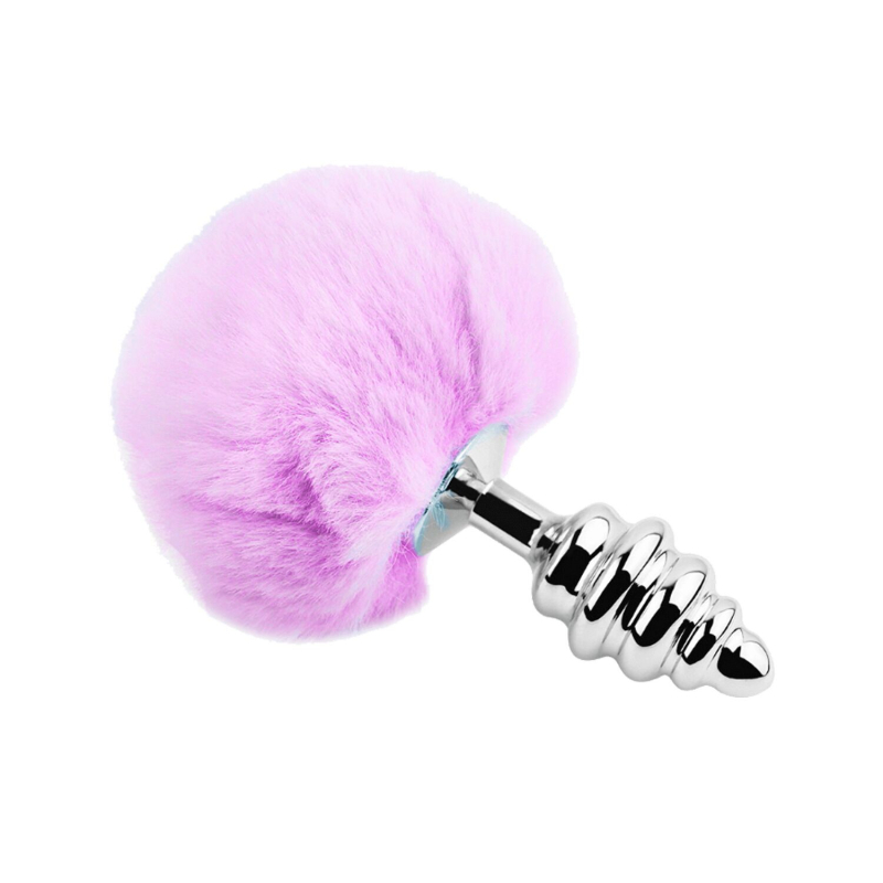 Металлическая анальная пробка Кроличий хвостик Alive Fluffy Twist Plug L Purple, диаметр 3.8 см