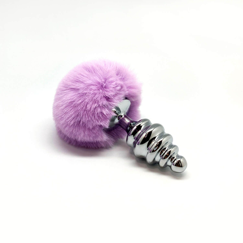 Металлическая анальная пробка Кроличий хвостик Alive Fluffy Twist Plug L Purple, диаметр 3.8 см