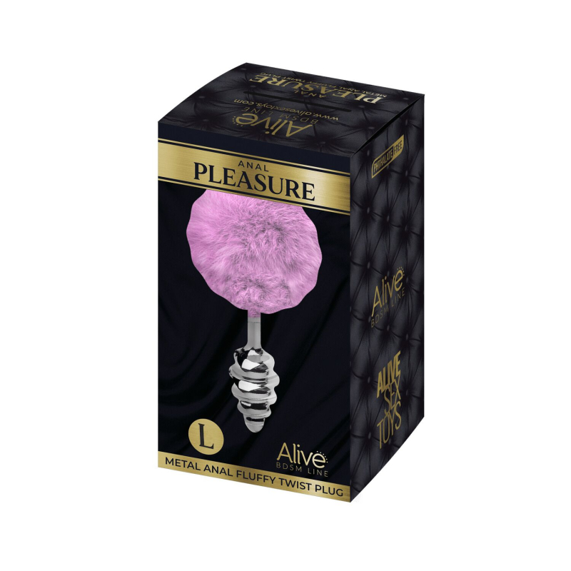 Металлическая анальная пробка Кроличий хвостик Alive Fluffy Twist Plug L Purple, диаметр 3.8 см