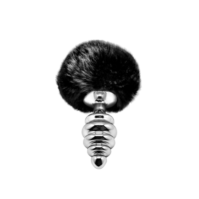Металлическая анальная пробка Кроличий хвостик Alive Fluffy Twist Plug M Black, диаметр 3.4 см