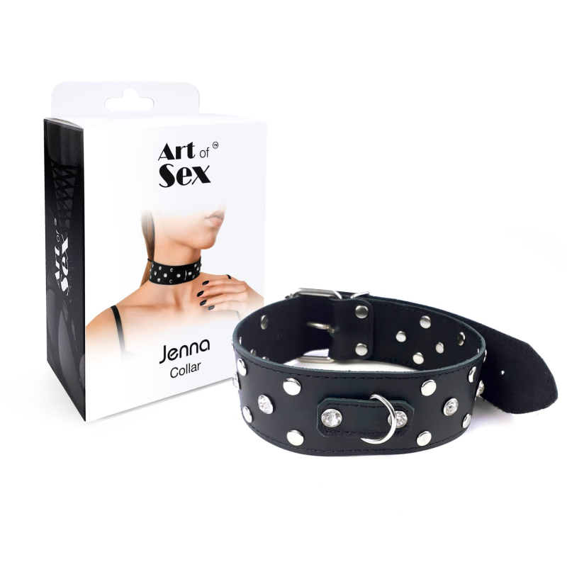 Ошейник из натуральной кожи с заклепками и стразами Art of Sex - Jenna Collar, черный