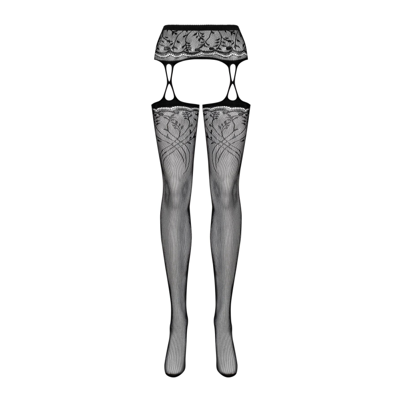 Панчохи–стокінги з рослинним малюнком Obsessive Garter stockings S206 Чорний S/M/L чорні, імітація га