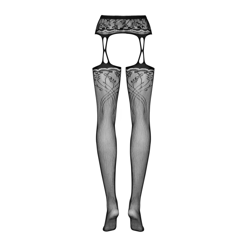 Панчохи–стокінги з рослинним малюнком Obsessive Garter stockings S206 Чорний S/M/L чорні, імітація га