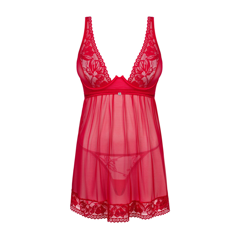 Прозора сорочка бебі–дол Obsessive Lacelove babydoll & thong M/L Червоний, мереживо, стрінги