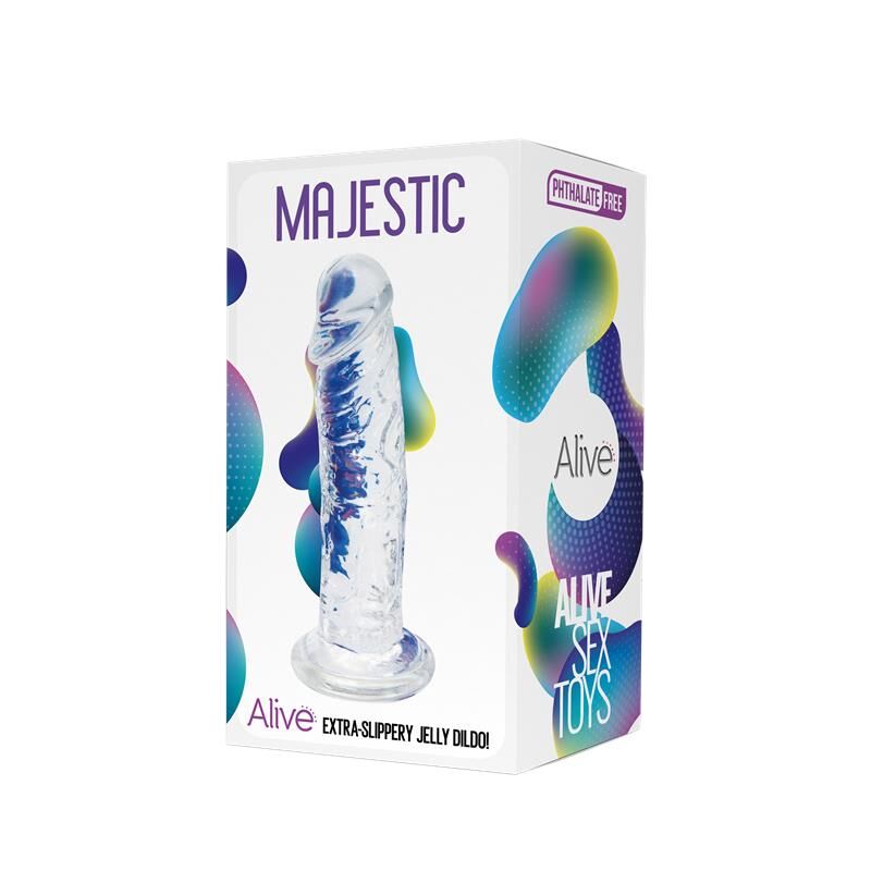 Прозорий фалоімітатор Alive Jelly Dildo Majestic, TPE, з присоскою, довжина 14.7 см, діам. 3.7 см