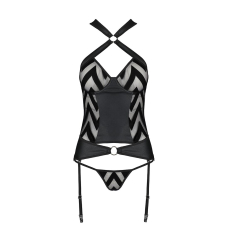 Сітчастий комплект з візерунком Passion HIMA CORSET L/XL Чорний корсет з халтером, підв'язки, трусики