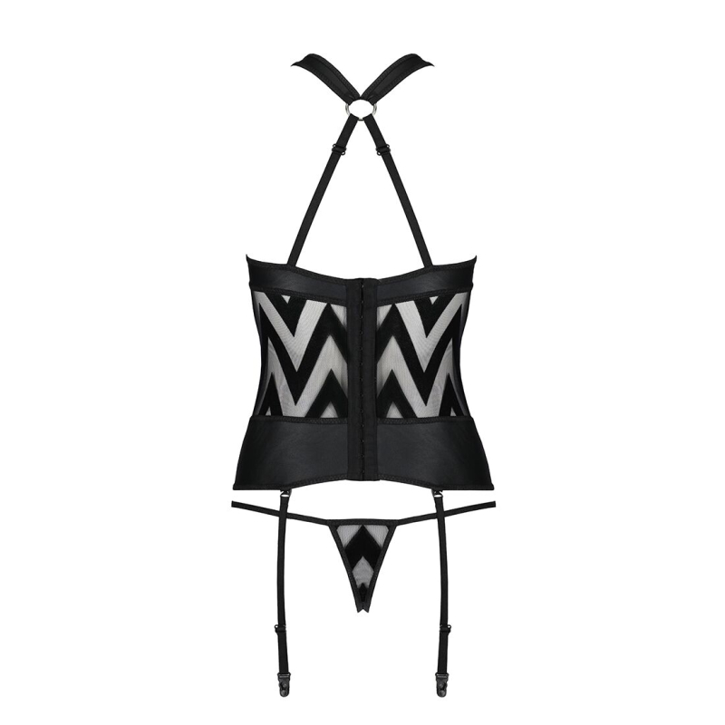 Сітчастий комплект з візерунком Passion HIMA CORSET L/XL Чорний корсет з халтером, підв'язки, трусики