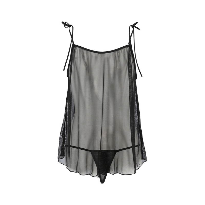 Прозрачная сорочка беби-дол Passion MELANIA CHEMISE S/M, черный цвет, трусики, на тонких бретелях