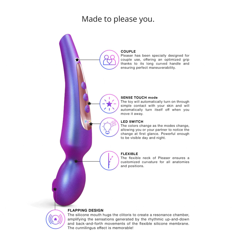 Вибромассажер Love To Love Pleaser Iridescent Night фиолетовый, изогнутая ручка, гибкий корпус, LED-индикация режимов
