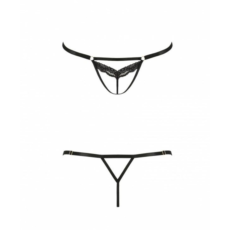 Відверті трусики–стрепи з мереживом Passion Exclusive SOLON THONG S/M, чорний колір