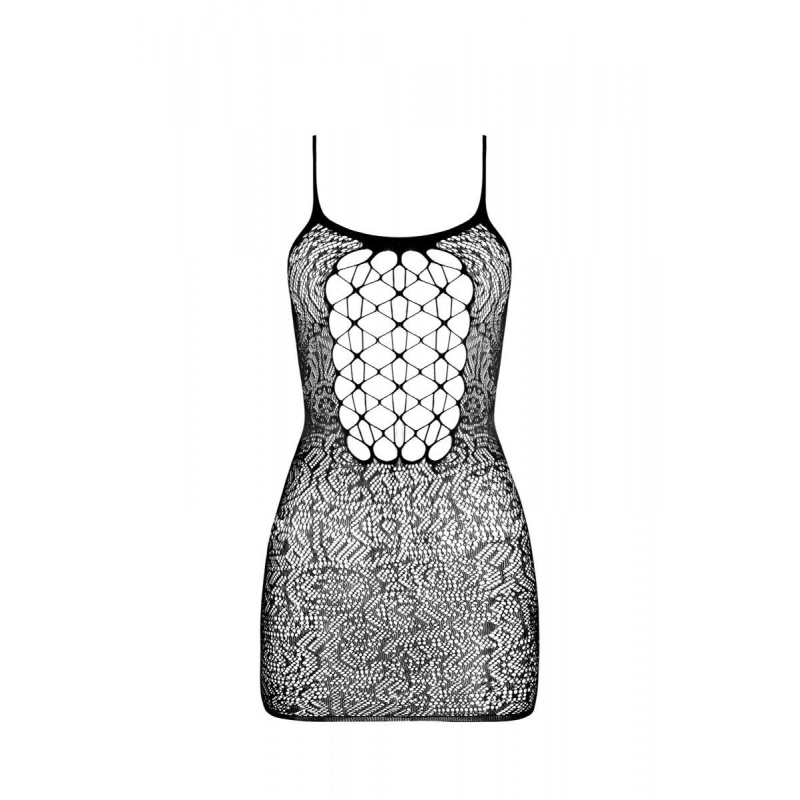 Ажурное мини-платье на тонких бретелях Passion BS096 One Size, черный цвет, плетение на груди