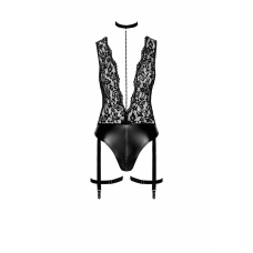 Боді Noir Handmade F297 Libido Deep–V bodysuit with collar, pearl chain and garter – M