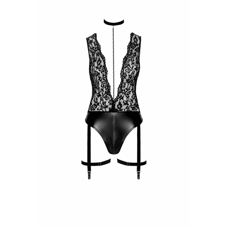 Боді Noir Handmade F297 Libido Deep–V bodysuit with collar, pearl chain and garter – M