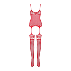 Бодістокінг Obsessive Bodystocking F214 червоний S/M/L, імітація корсета та панчіх на підв’язках