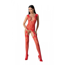 Бодістокінг з плетінням на грудях Passion BS099 One Size, червоний, відкритий доступ, імітація підв’язок