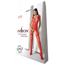 Боди-стокинг с плетением на груди Passion BS099 One Size, красный, открытый доступ, имитация подвязок
