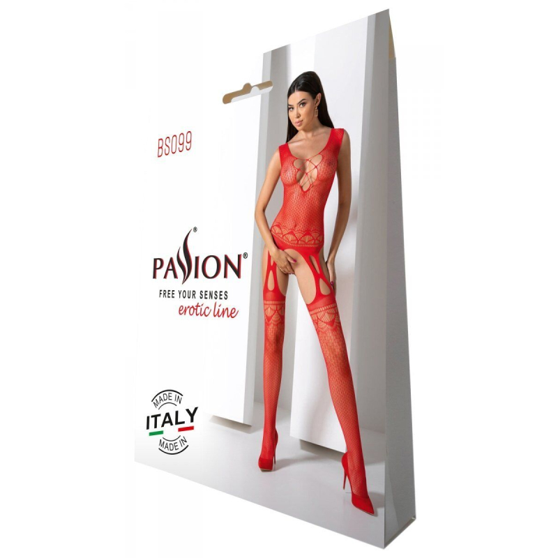 Боди-стокинг с плетением на груди Passion BS099 One Size, красный, открытый доступ, имитация подвязок