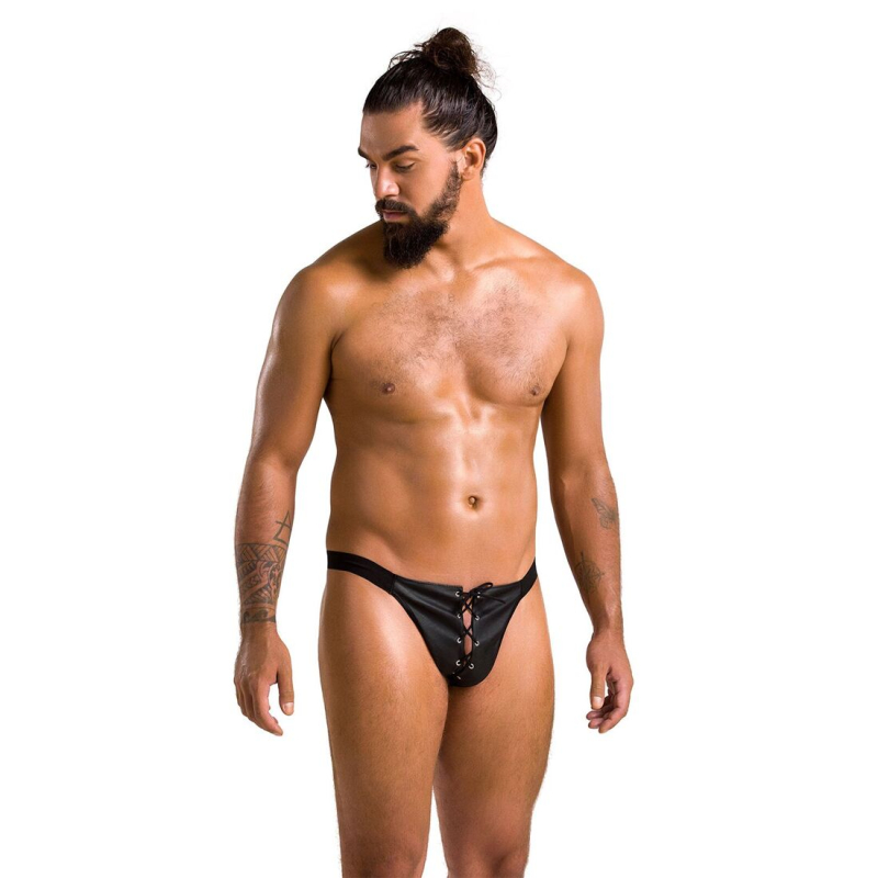 Чоловічі сліпи на шнурівці Passion 044 SLIP BEN S/M Чорний колір, екошкіра, люверси