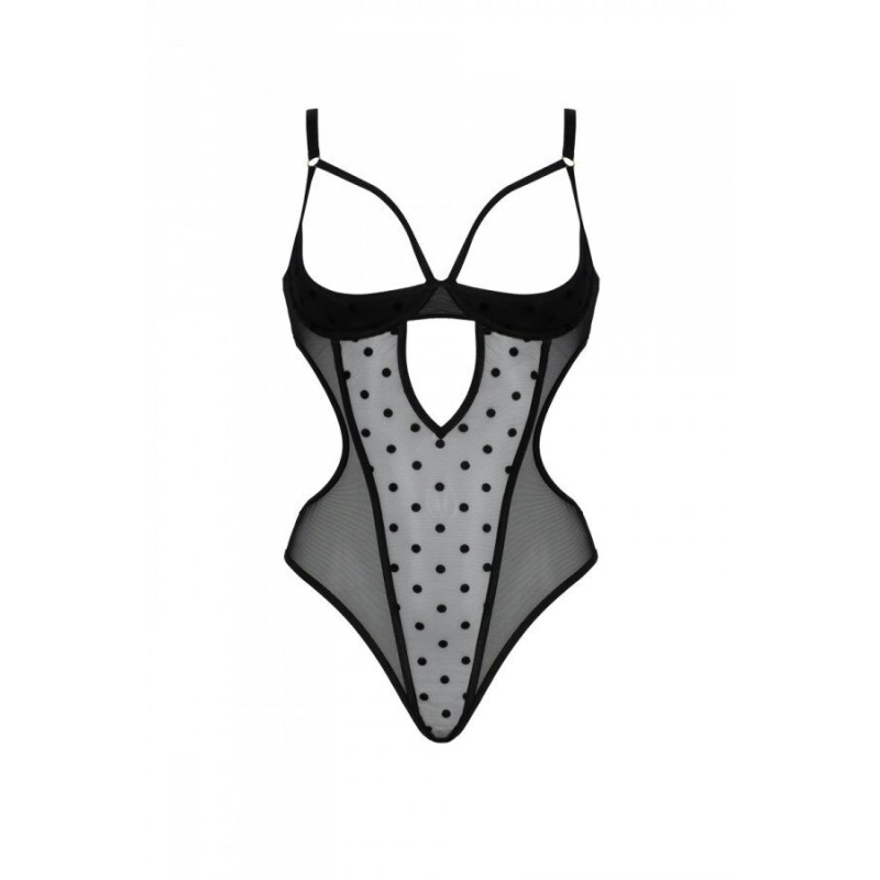 Еротичне боді Passion MARINA BODY, L/XL, чорний колір, з відкритими чашками