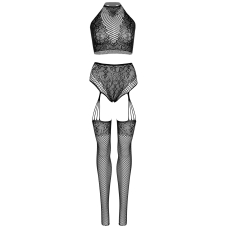 Эротический комплект Leg Avenue Crop top and garter panty Черный цвет, топ, трусики с доступом, чулки