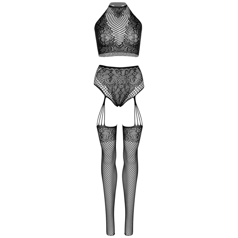 Еротичний комплект Leg Avenue Crop top and garter panty Чорний колір, топ, трусики з доступом, панчохи
