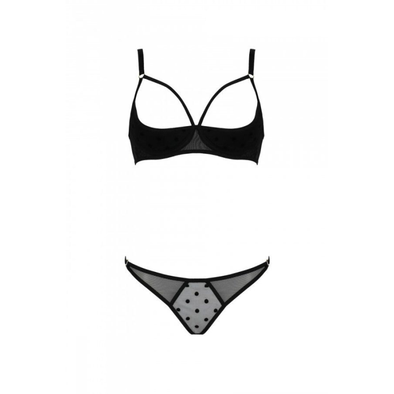 Еротичний комплект Passion MARINA SET WITH OPEN BRA, 2XL/3XL, чорний колір, відкриті чашки