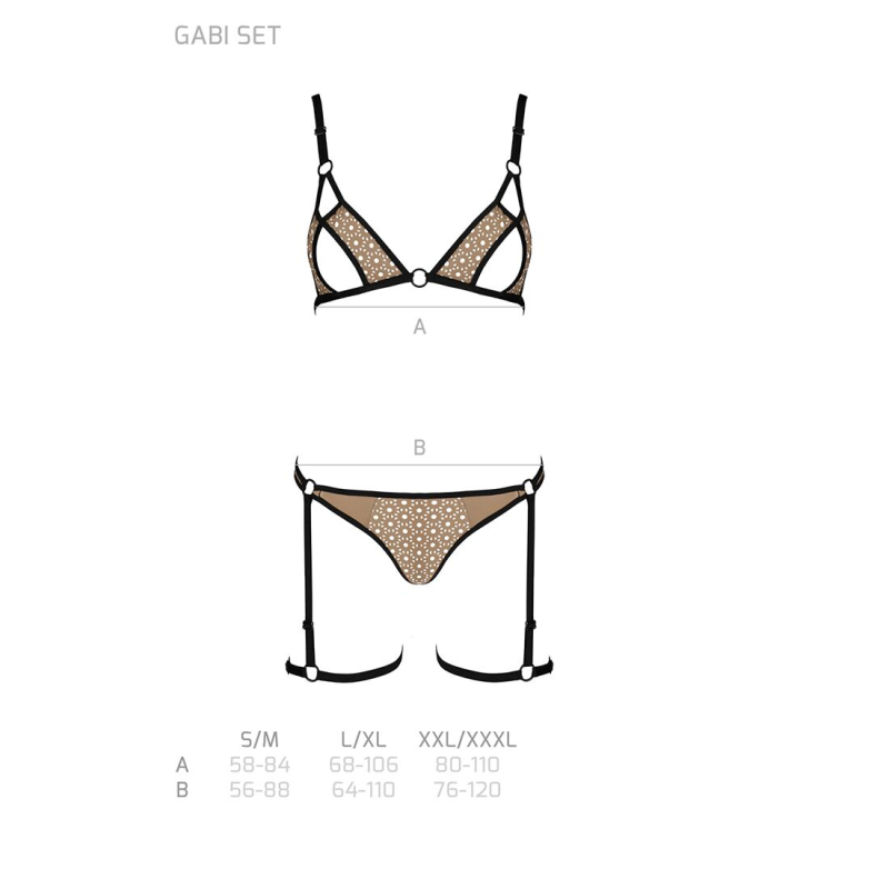 Еротичний комплект спідньої білизни Passion GABI SET L/XL кремовий/чорний, трусики з гартерами