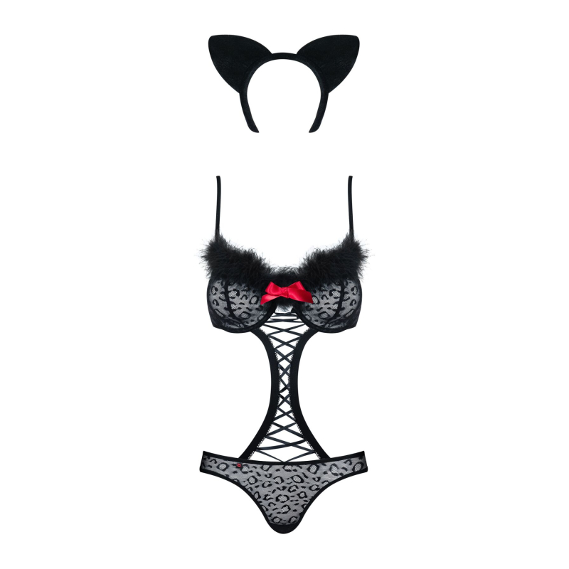 Еротичний костюм гепарду Obsessive Gepardina 3 pcs costume L/XL, чорний, хутряне оздоблення, монокін