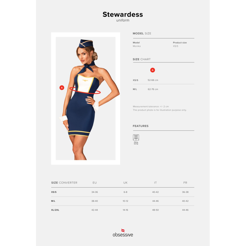 Еротичний костюм стюардеси Obsessive Stewardess uniform XS/S, сукня, пілотка, шарф, манжети
