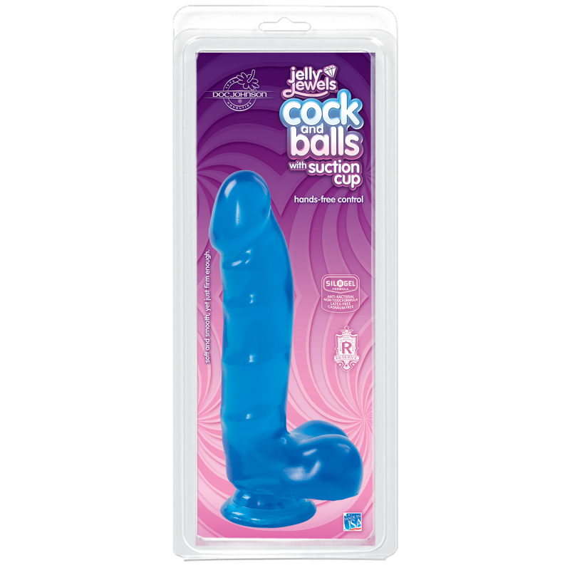 Фалоімітатор Doc Johnson Jelly Jewels Cock & Balls Blue, довжина 16 см, діам. 3.6 см, антибактеріальний ПВХ