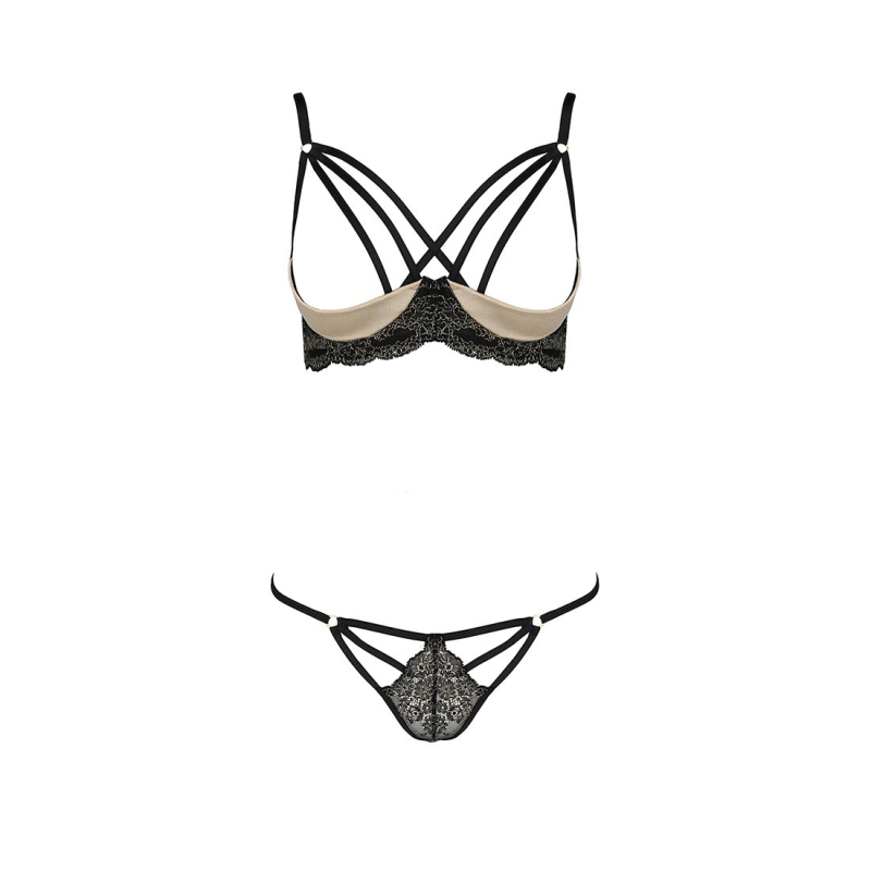 Комплект белья Passion Exclusive VALERY SET OpenBra L/XL, чорний колір, стрепи, трусики, открытый лиф