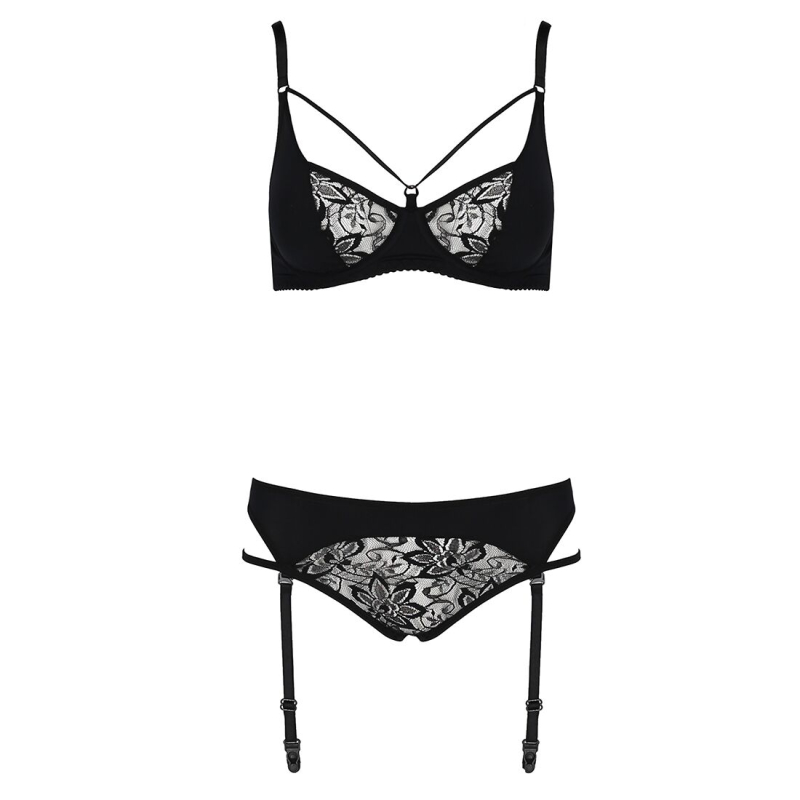 Комплект білизни Passion PAULINE SET S/M, чорний колір, стрепи, ліф, стрінги і пояс для панчох