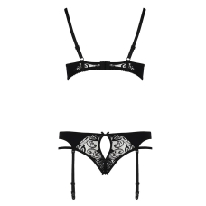 Комплект білизни Passion PAULINE SET S/M, чорний колір, стрепи, ліф, стрінги і пояс для панчох