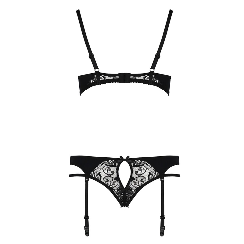 Комплект білизни Passion PAULINE SET S/M, чорний колір, стрепи, ліф, стрінги і пояс для панчох