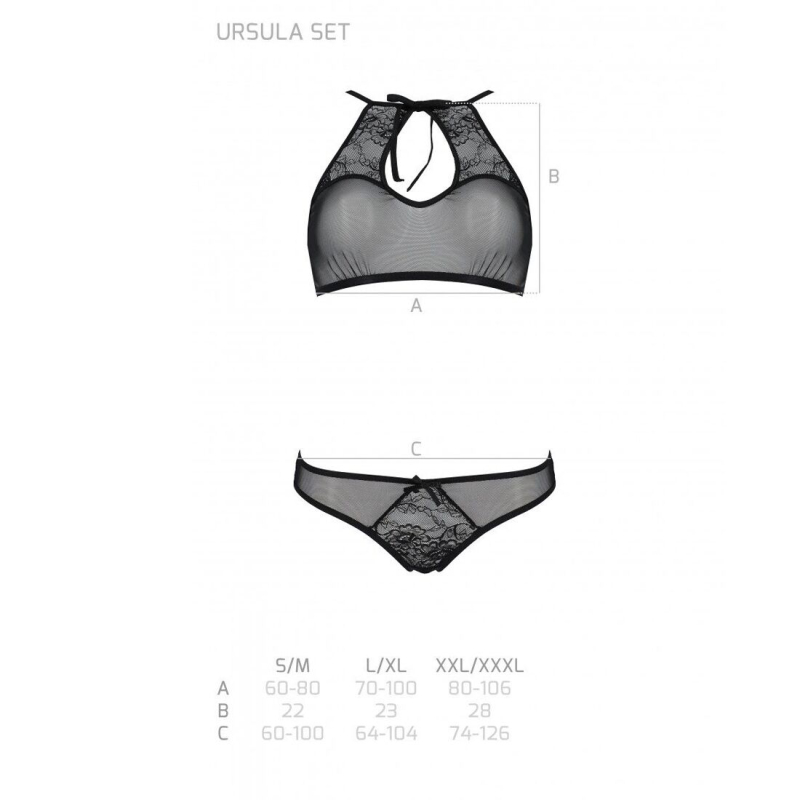Комплект: бра, трусики з ажурним декором та відкритим кроком Passion URSULA SET L/XL, чорний колір