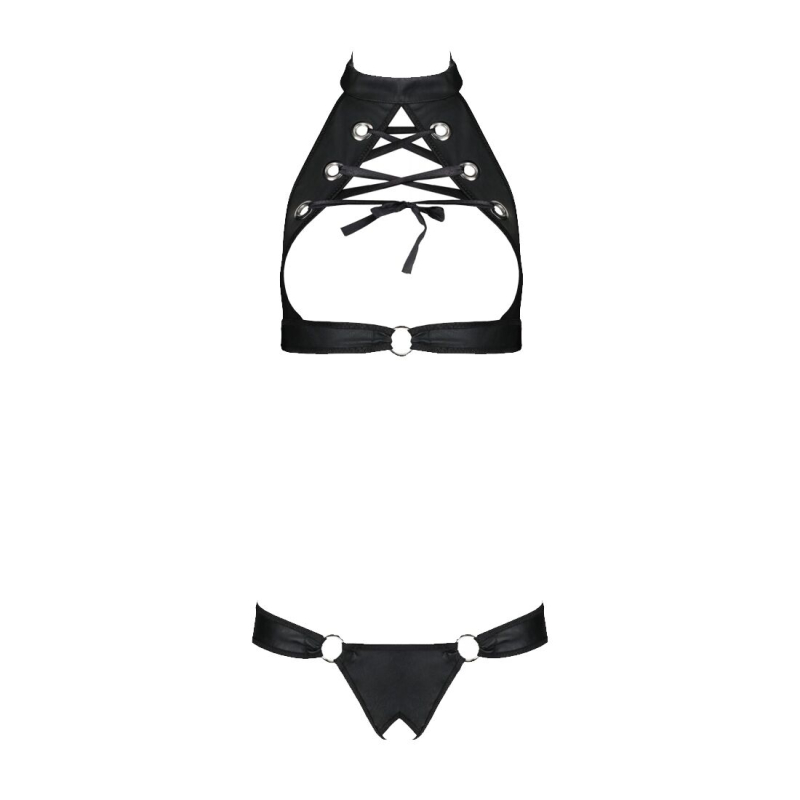 Комплект із екошкіри Passion MALWIA SET with Open Bra 4XL/5XL Чорний, топ та трусики з люверсами