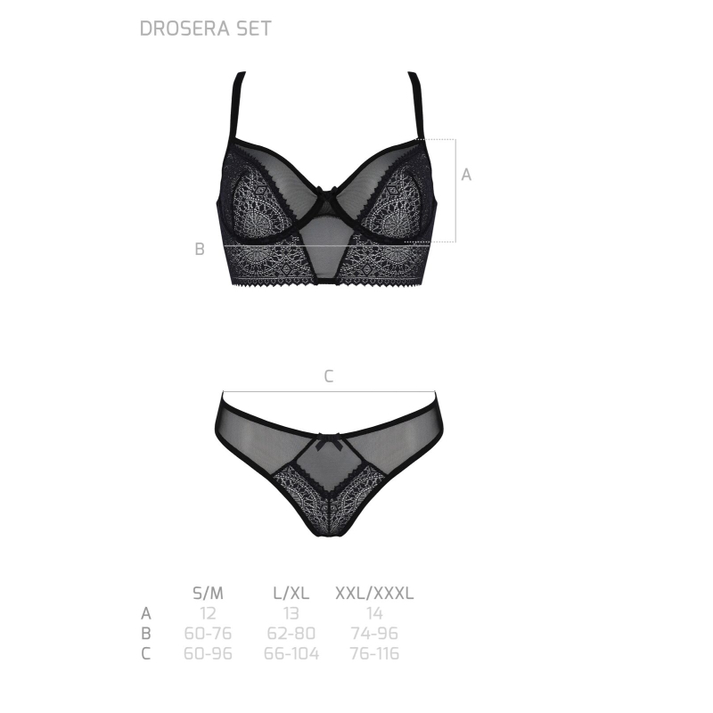 Комплект Passion DROSERA SET Чорний, L/XL, сітка+мереживо, бюстьє та трусики танга