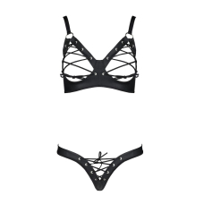 Комплект з екошкіри Passion CELINE BIKINI 6XL/7XL Чорний, відкритий бра, стрінги зі шнурівкою