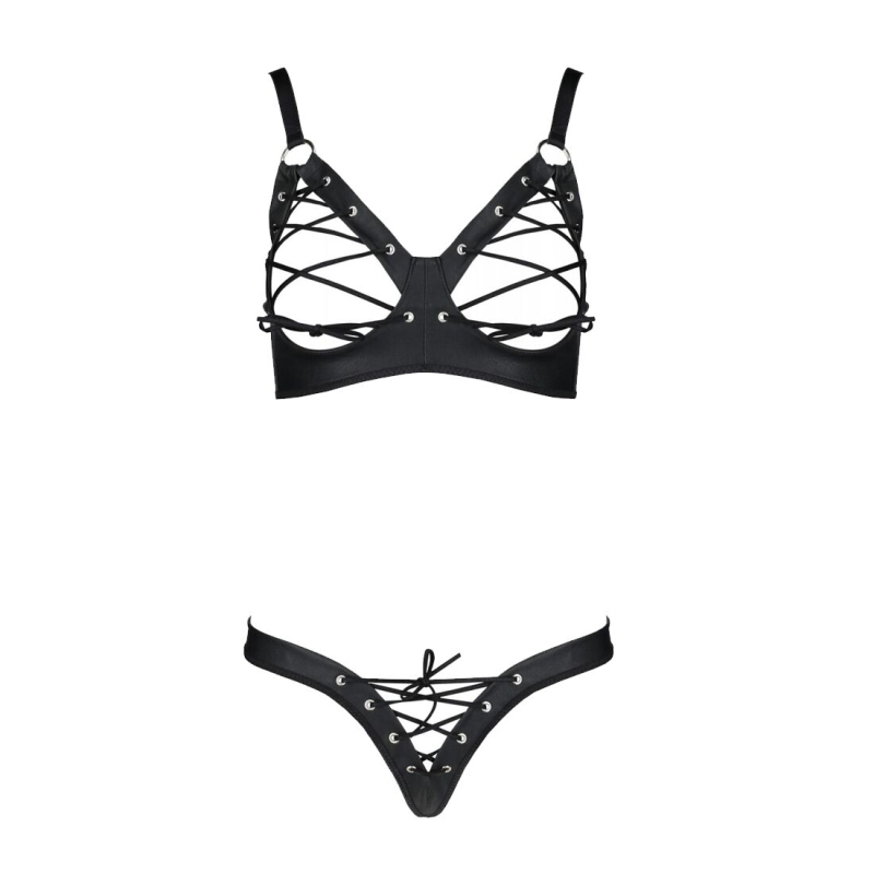 Комплект з екошкіри Passion CELINE BIKINI 6XL/7XL Чорний, відкритий бра, стрінги зі шнурівкою