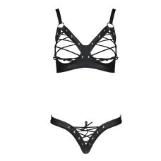 Комплект з екошкіри Passion CELINE BIKINI L/XL Чорний, відкритий бра зі стрічками, стрінги