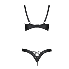 Комплект з екошкіри Passion CELINE BIKINI L/XL Чорний, відкритий бра зі стрічками, стрінги