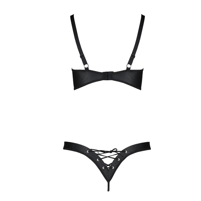Комплект з екошкіри Passion CELINE BIKINI L/XL Чорний, відкритий бра зі стрічками, стрінги