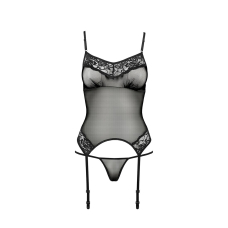 Корсет з пажами Passion MELANIA CORSET L/XL, чорний колір, трусики, напівпрозорий