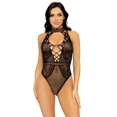 Leg Avenue Net and lace halter bodysuit OS Черный цвет
