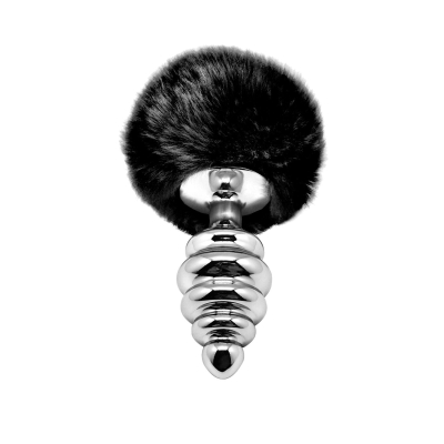 Металева ребриста анальна пробка з кролячим хвостом Alive Fluffy Twist Plug L Black, 6 см