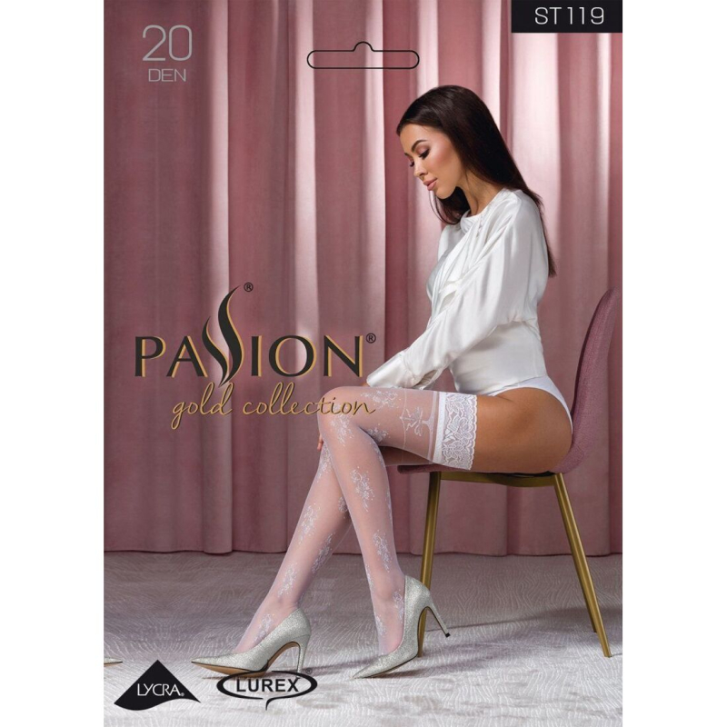 Панчохи Passion ST119 3/4 Білий, ажурна силіконова резинка з квітковим декором і люрексовою ниткою