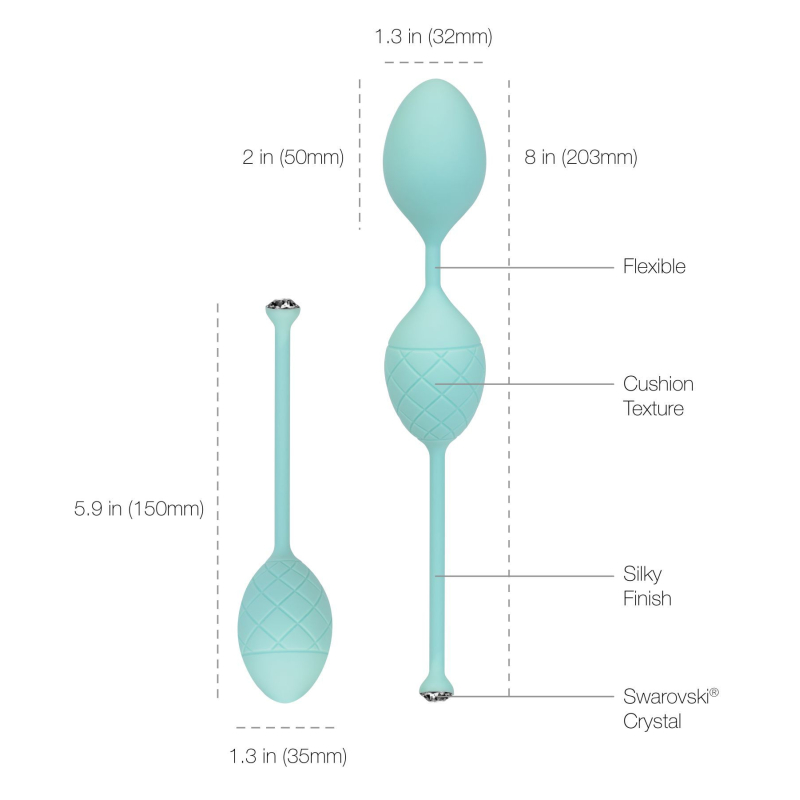 Роскошные вагинальные шарики PILLOW TALK - Frisky Teal с кристаллом, диаметр 3,2 см, вес 49-75 гр
