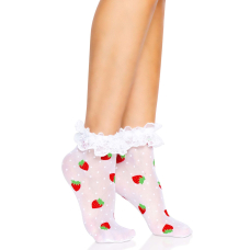 Шкарпетки жіночі з полуничним принтом Leg Avenue Strawberry ruffle top anklets One size, мереживні м