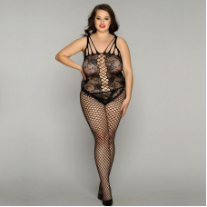 Сітчастий бодістокінг JSY "Ніжна Люсі" Plus Size, чорний колір, імітація боді, імітація шнурівки